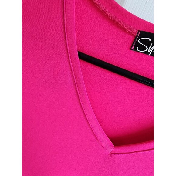 SYMPLI Canada jersey Stretch Bright Pink V Neck Short Sleeve Tunic Tee Top Sz 10 - Picture 3 of 5